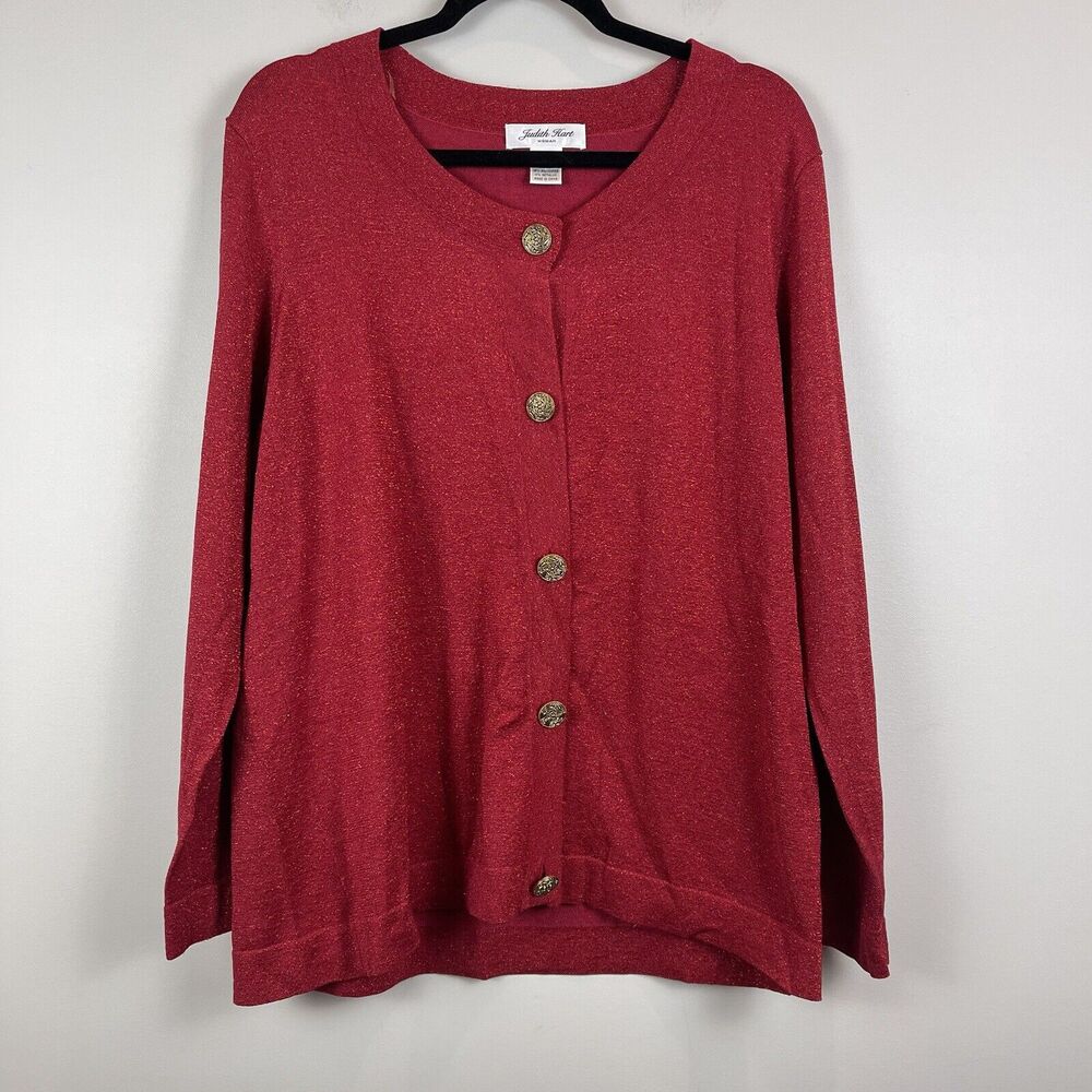 Judith Hart Women Cardigan Sweater 1X Sparkly Red Silk Christmas Holiday Festive